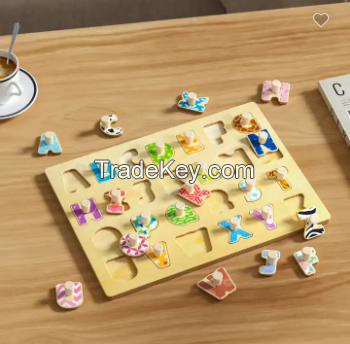 Custom Baby Wooden Alphabet Jigsaw Puzzle Toy Hand Grab Board Set Educational Cartoon Puzzle Children Gift