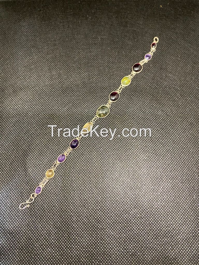 Handmade 925 silver Bracelet studded with multicoloured natural gemstones Garnet . Amethyst . Citrine