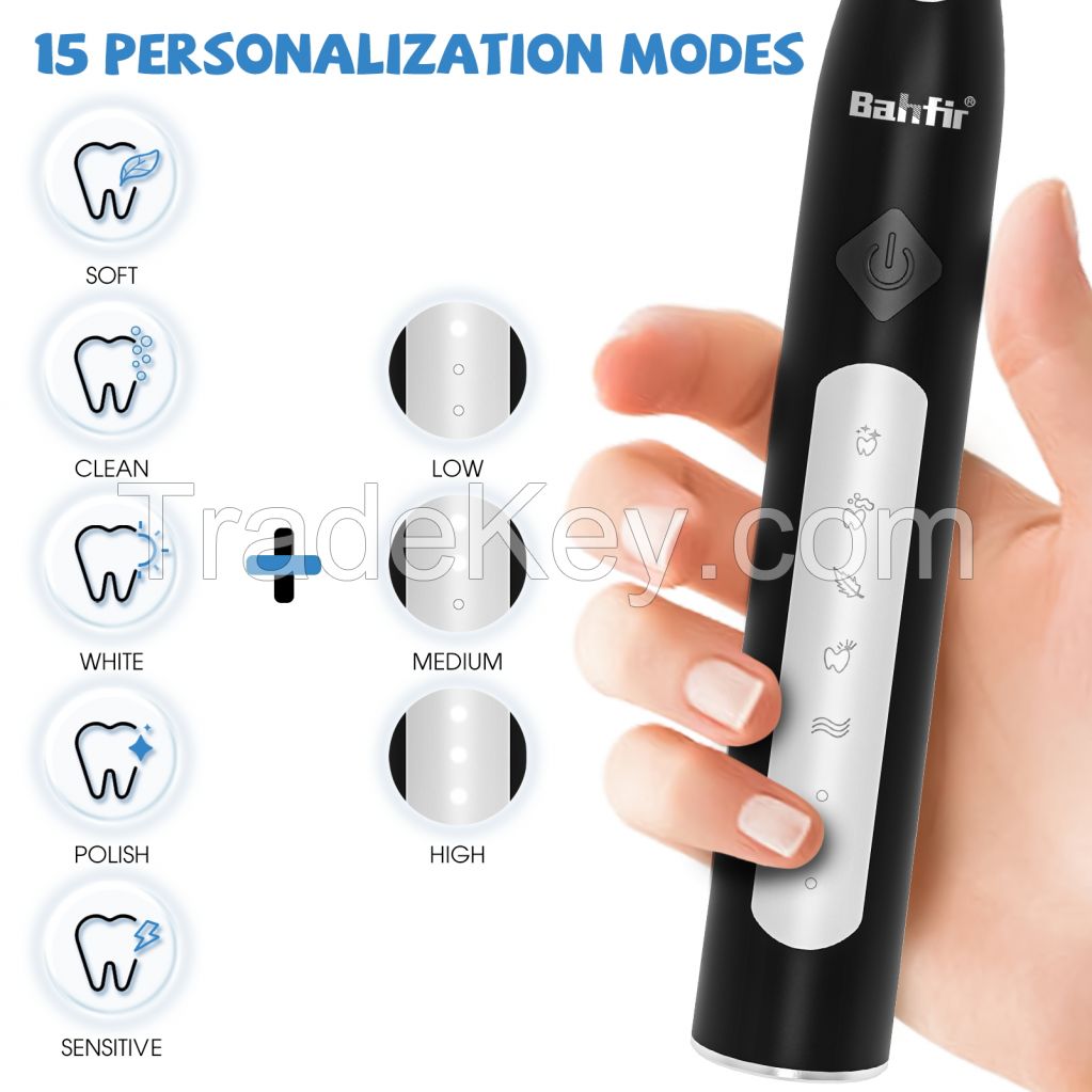 Sonic Electric Toothbrush for Adults, Rechargeable Sonic Electric Toothbrush with 8 Brush Heads, 1 Charge for 90 Days, IPX7 Waterproof 5 Modes 3 Intensities, Smart Timer, Black