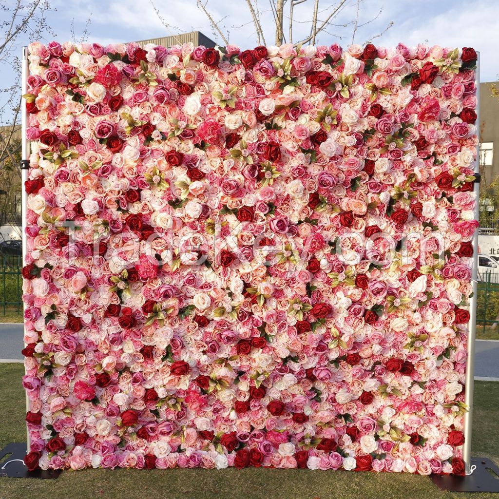 Custom 5d 3d Red Roll Up Cloth Flower Wall Wedding Decor Artificial Si