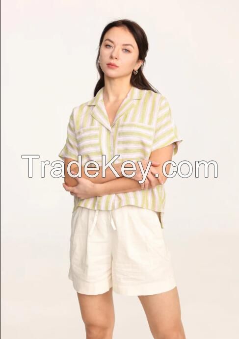 women woven short sleeve stripe shirt