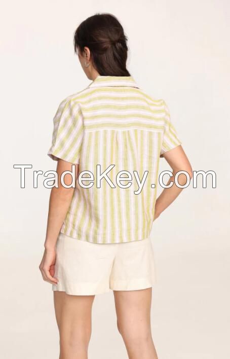 women woven short sleeve stripe shirt