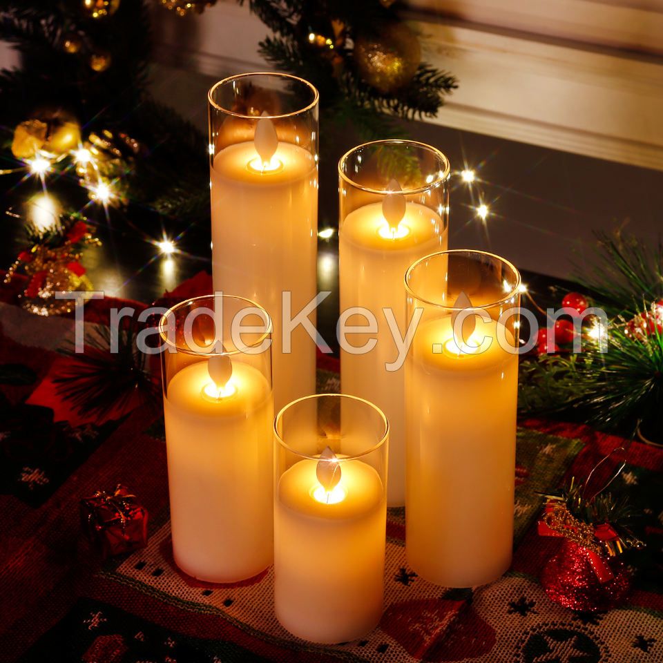 Set of 5 High Real Wax LED Candle Pillars Flickering Battery Operated Flameless Candles with Remote Control for Christmas Decor