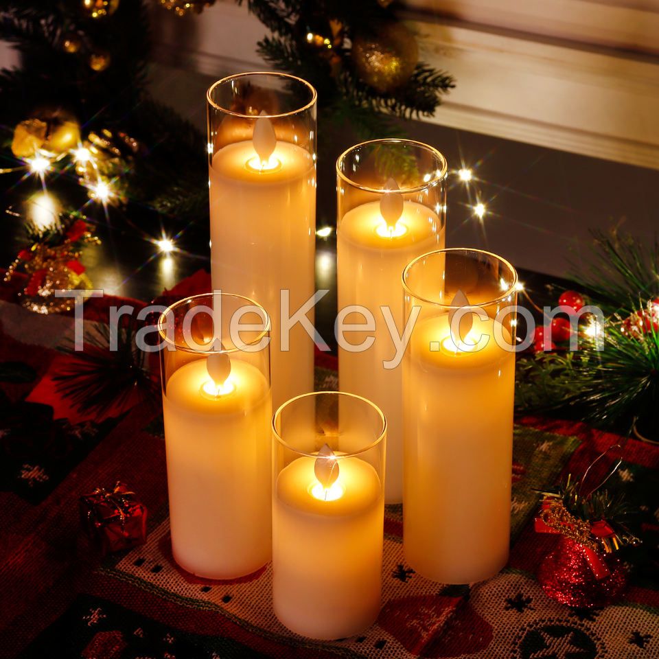 Set Of 5 High Real Wax Led Candle Pillars Flickering Battery Operated Flameless Candles With Remote Control For Christmas Decor