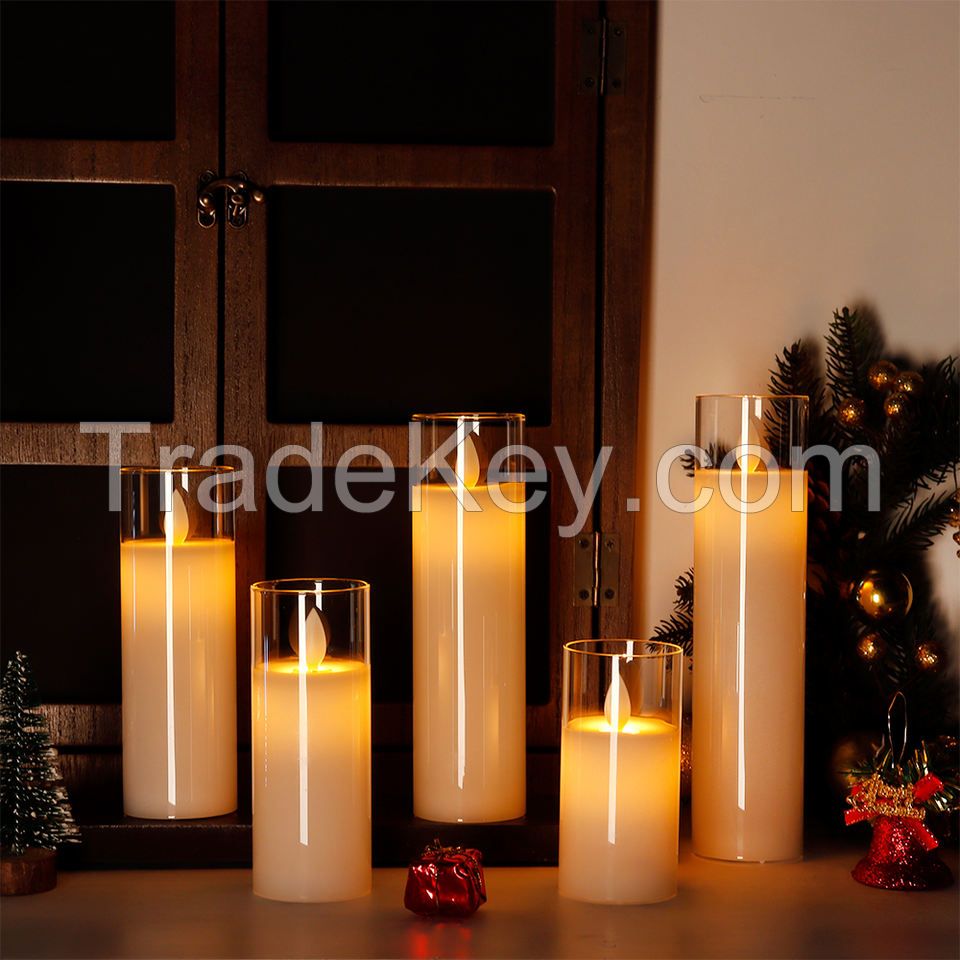 Set Of 5 High Real Wax Led Candle Pillars Flickering Battery Operated Flameless Candles With Remote Control For Christmas Decor