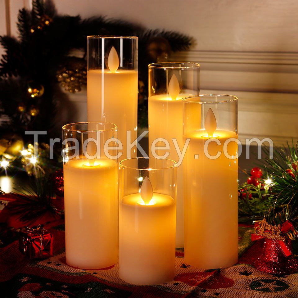 Set of 5 High Real Wax LED Candle Pillars Flickering Battery Operated Flameless Candles with Remote Control for Christmas Decor