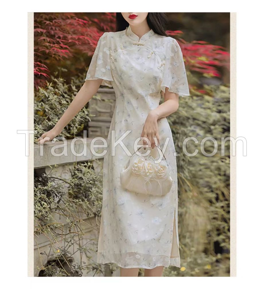 Yinzhuo's elegant summer tide product with broken buckle and lotus leaf sleeves improved dress for women's cheongsam.