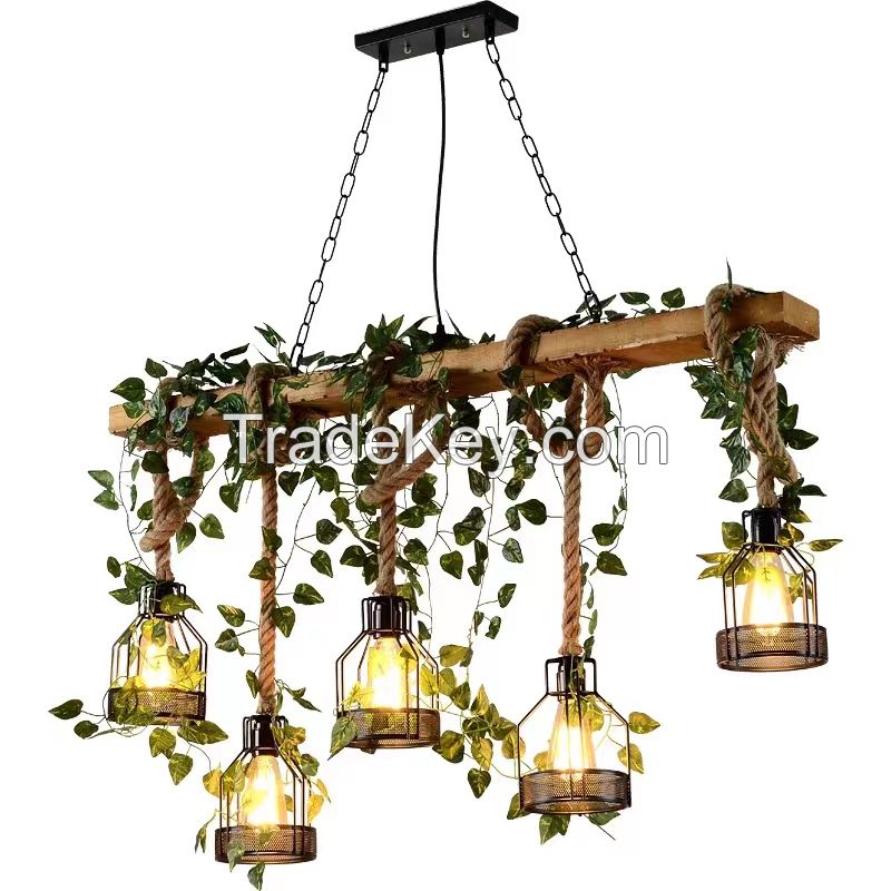 Candy Creative flower shop decorated with green chandelier American industrial wind hemp rope lamp
