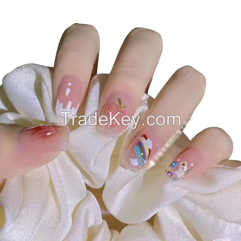 Manual Nail Enhancements Nail Patches, Rainbow Peach Nail Enhancements, Removable Short Students