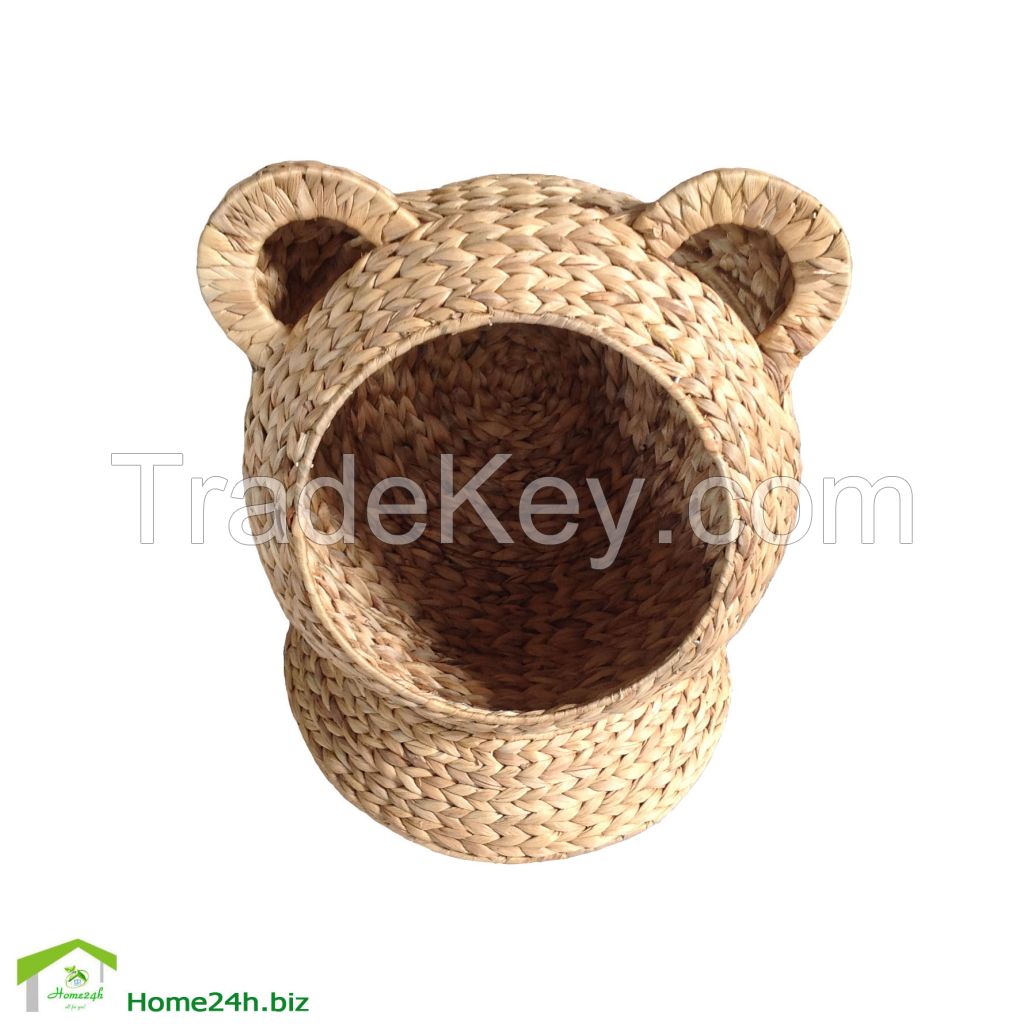 Water Hyacinth Wicker Bear Ears Cat House Pet Bed