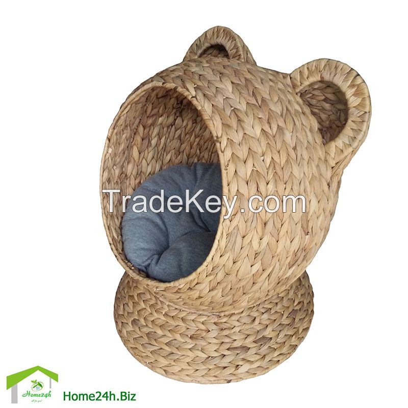 Water Hyacinth Wicker Bear Ears Cat House Pet Bed