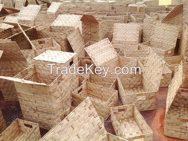 A Water Hyacinth Wicker Hamper Basket, Flat Weave With Iron Frame