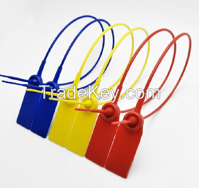 Adjustable pull tight security plastic seal for container