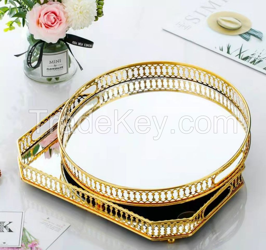 Decorative Gold Round Metal Glass Tray