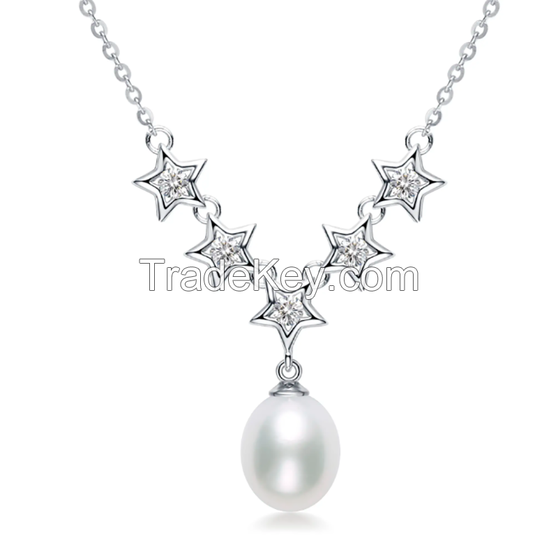 8~9mm Silver Freshwater Pearl Drop Necklace with Stars 