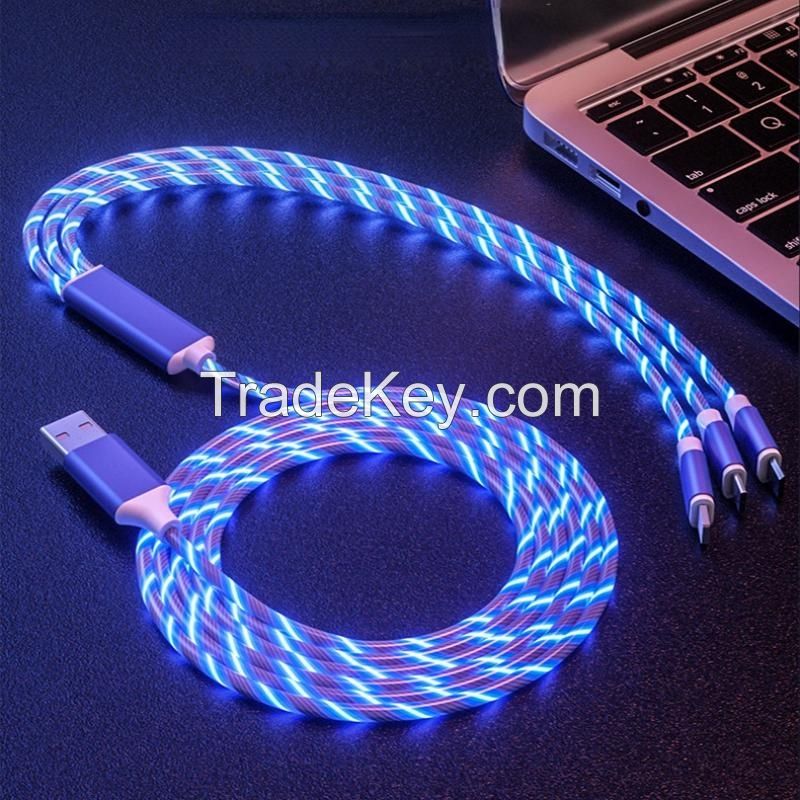 3 in 1 data cable, dual-purpose for charging and transmission, multi-purpose for one line, 2A, 1M cable length, color light flow
