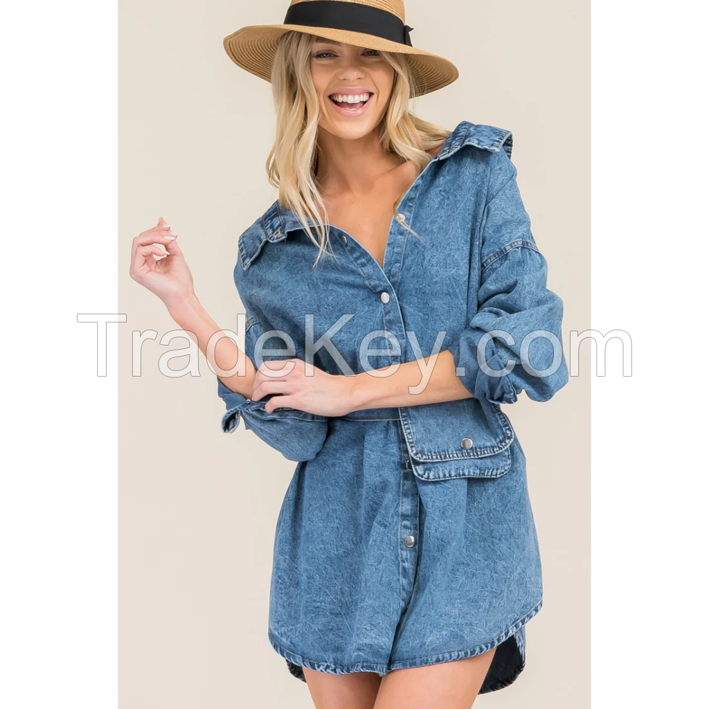 Denim Shirt Dress with Pocket Purse Belt