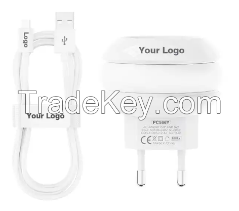 Fast Travel Charger With LED Light Wholesale Hot Sale BAVIN PC566Y 2.4A 2USB Mobile Chargers With Lightnings Cable