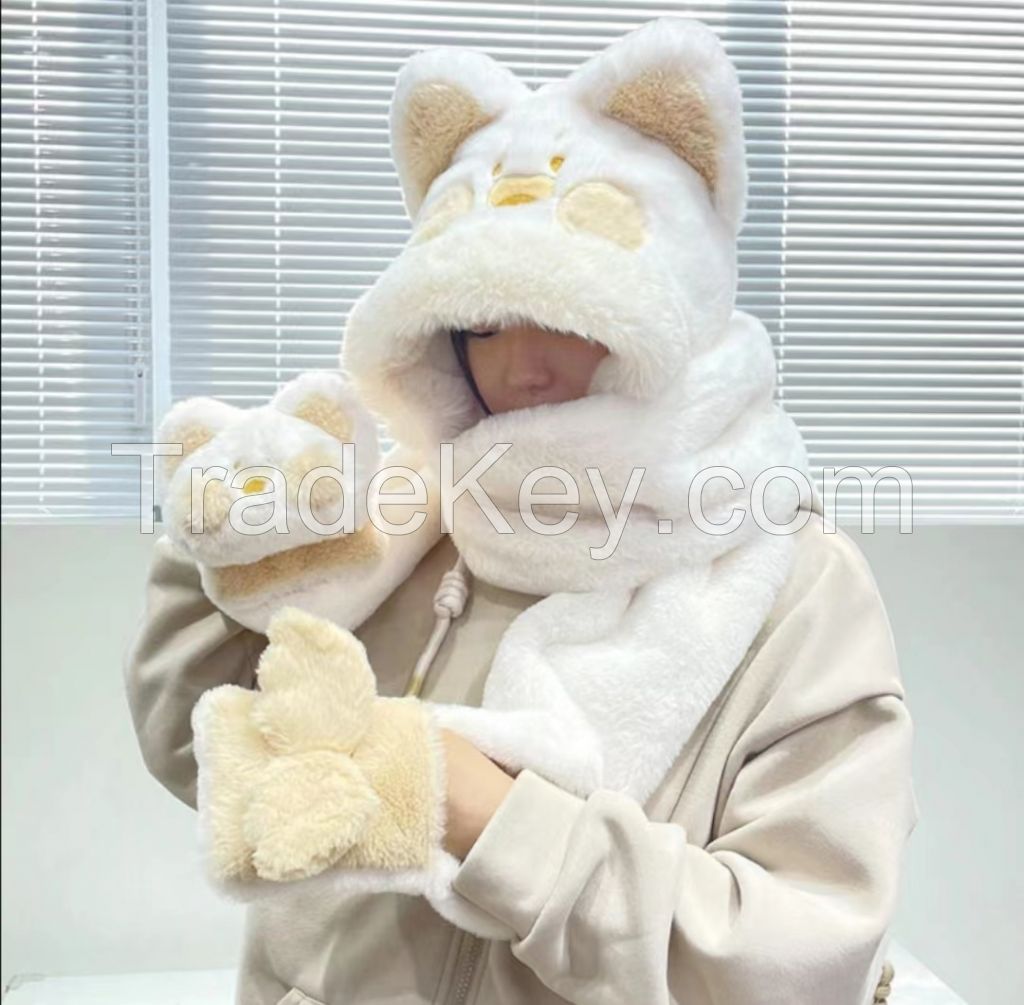 Hat winter blast new female cute Dudu cat plush cartoon ears thickened scarf gloves one body warm