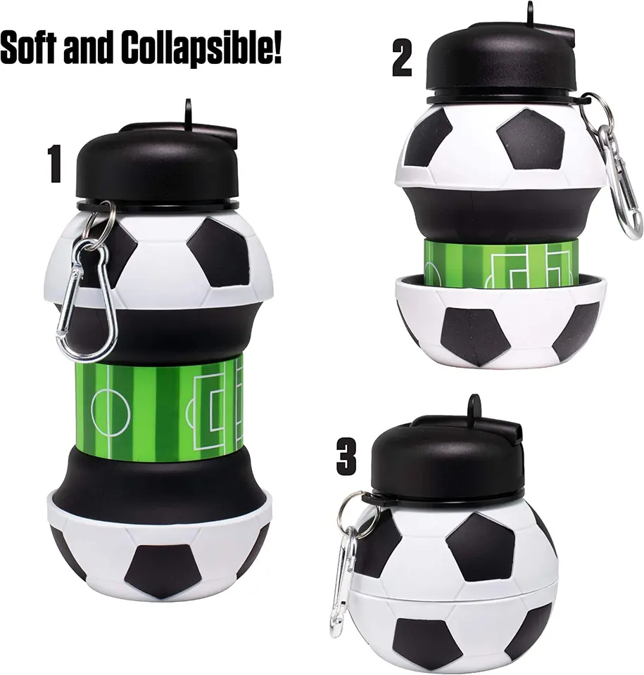 Children Travel Straw Silicone Football Botella de agua Gym Sports Running Soccer Collapsable Kids Water Bottle With Custom Logo