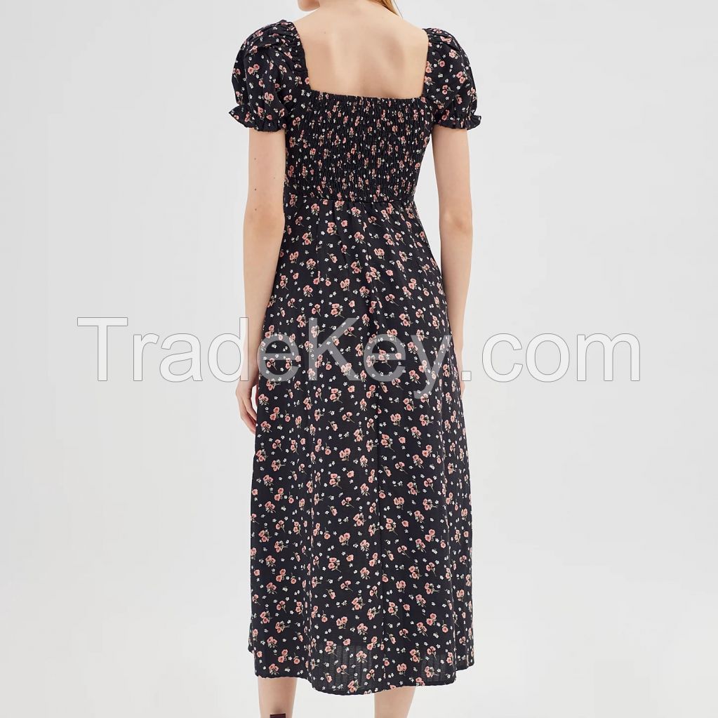 Casual women v-neck floral print puff sleeve side slit midi dress