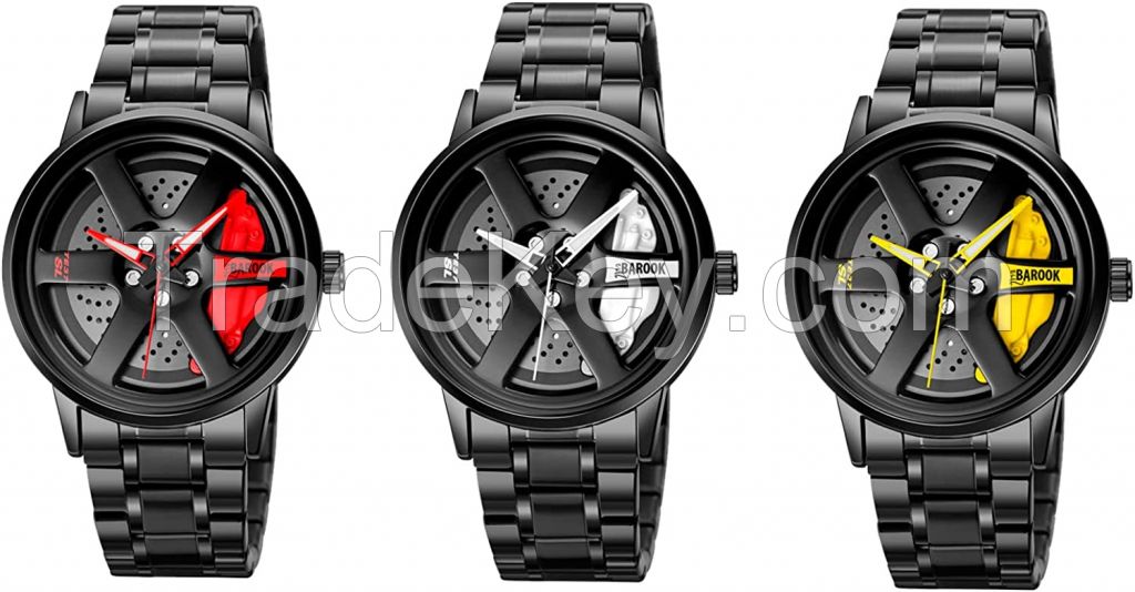 Car Wheel Watch, Stainless Steel Watch with Japanese Quartz Movement, Waterproof Sports Wrist Watch with Car Rim Hub Design for Men Spinning Wheel