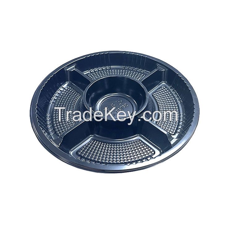 Round Disposable Sushi Tray Takeaway Box Food plastic container with 5 compartments