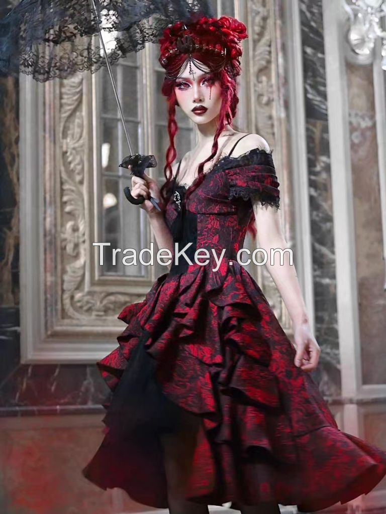 Gothic style red and black jacquard one-line shoulder court wavy dress