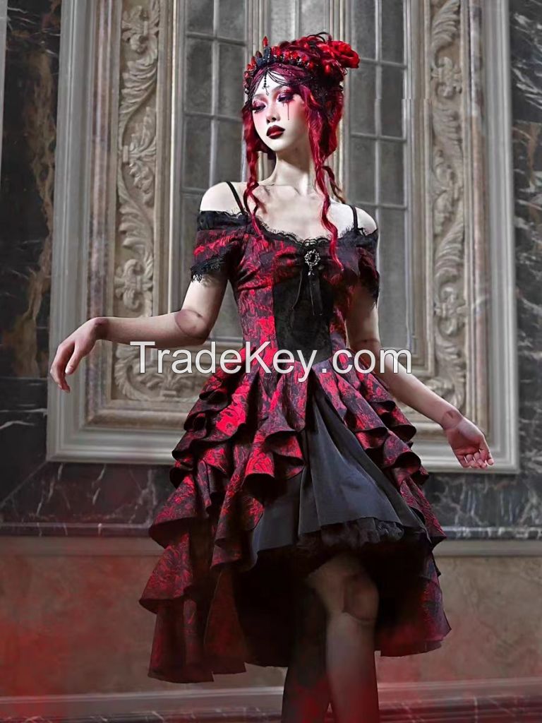 Gothic style red and black jacquard one-line shoulder court wavy dress