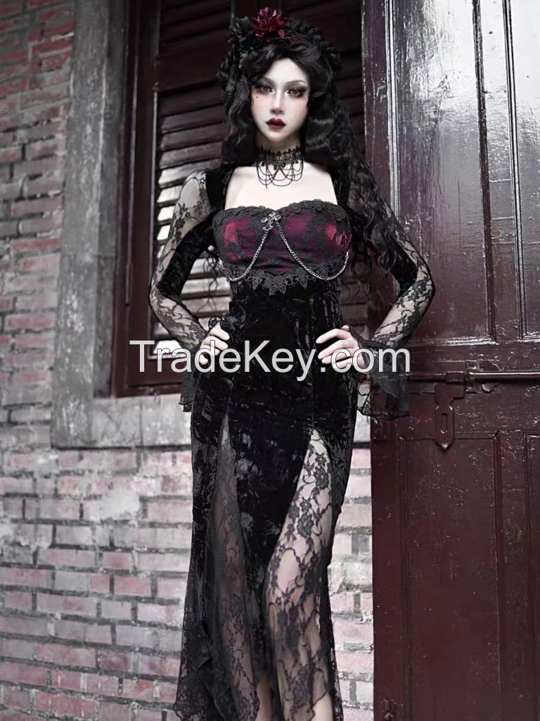 Gothic dark Red patchwork lace slim velvet Fishtail dress spring