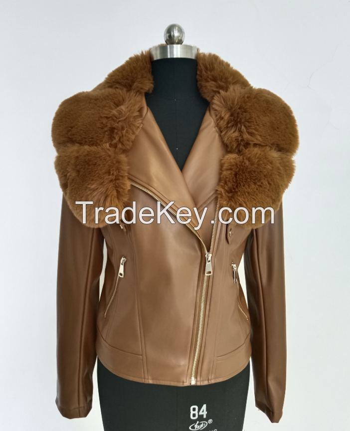 lady's pu jacket with faux fur with front zipper
