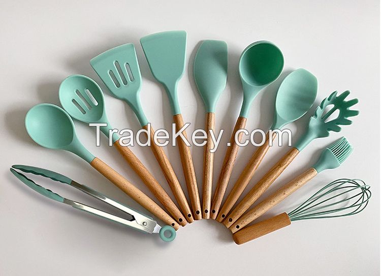 wood handle silicone utensil set 12 pcs