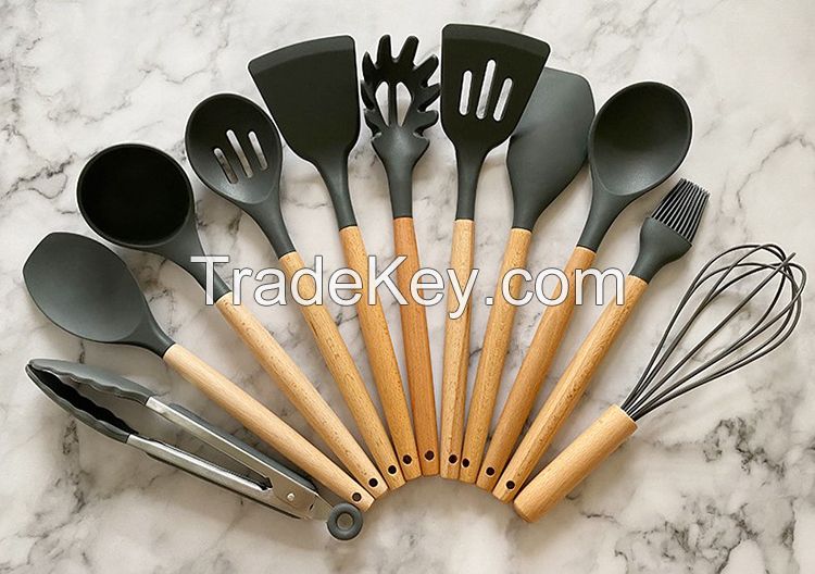 wood handle silicone utensil set 12 pcs