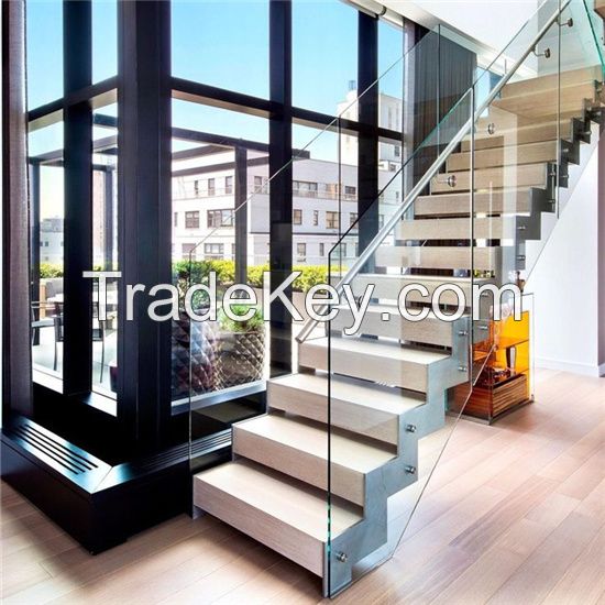 China Stair Glass Railing U Slot Double Stringer Wood Treads Straight Staircase