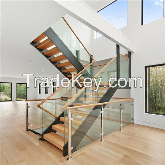 China Stair Glass Railing U Slot Double Stringer Wood Treads Straight Staircase