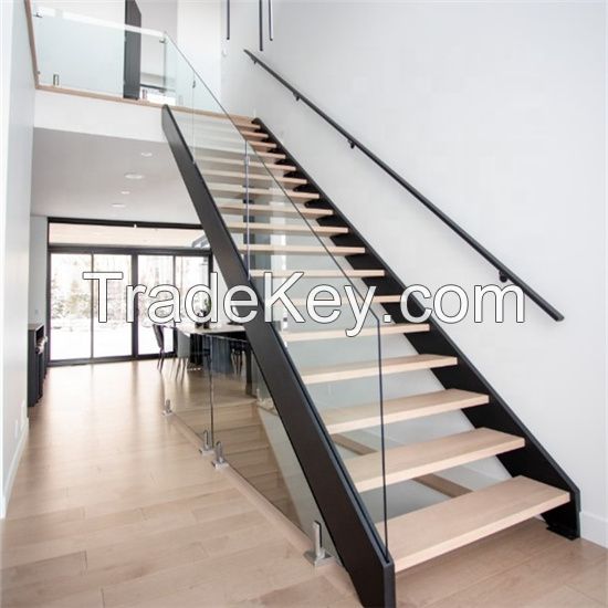 China Stair Glass Railing U Slot Double Stringer Wood Treads Straight Staircase