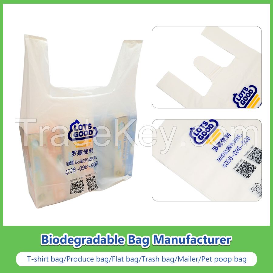 100% Biodegradable Bags Compostable T-Shirt Bags Hand Bags Bioplastic Vest Carrier Bags PLA Pbat Corn Starch Shopping Bags with Ok Compost Home/Industrial