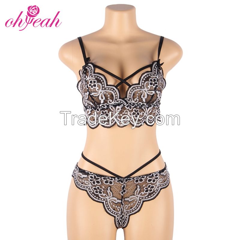 R81047 Wholesale Price Women Floral Lace Strappy Bra and Panties Lingerie Underwear Set