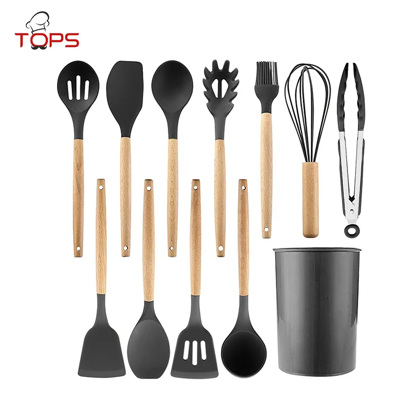 12 Pieces In 1 Set Silicone Kitchen Accessories Cooking Tools Kitchenware Silicone Kitchen Utensils With Wooden Handles