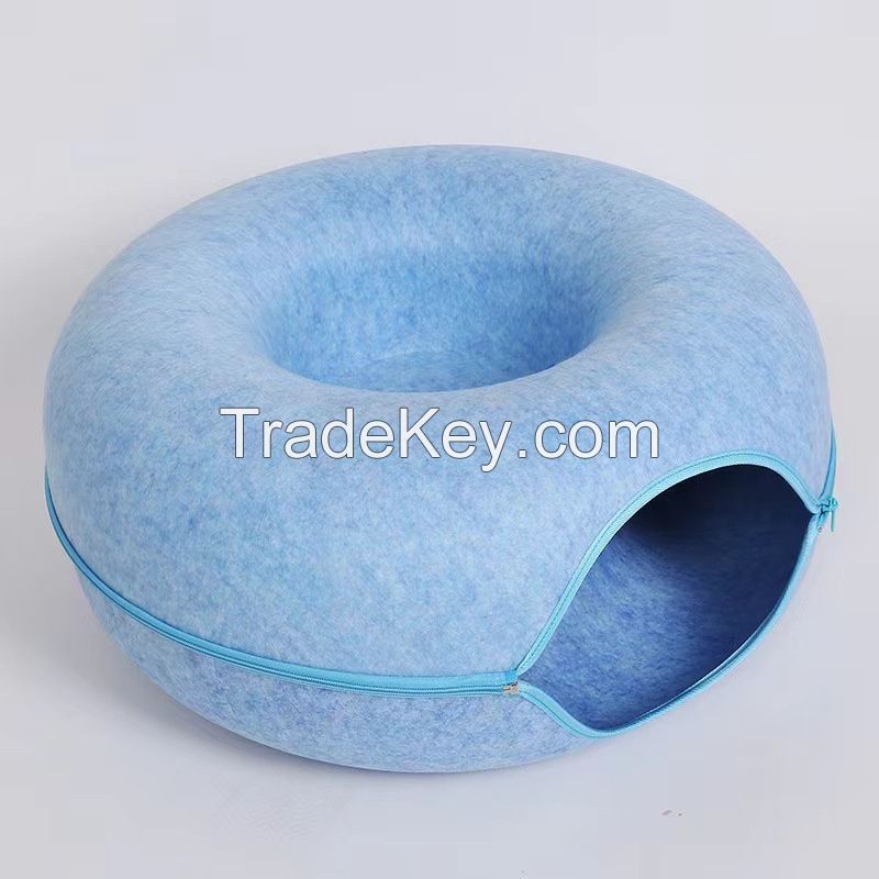 Wholesale Detachable Design Round Felt Cat Cave Donut Bed Pet House With Circle Tunnel