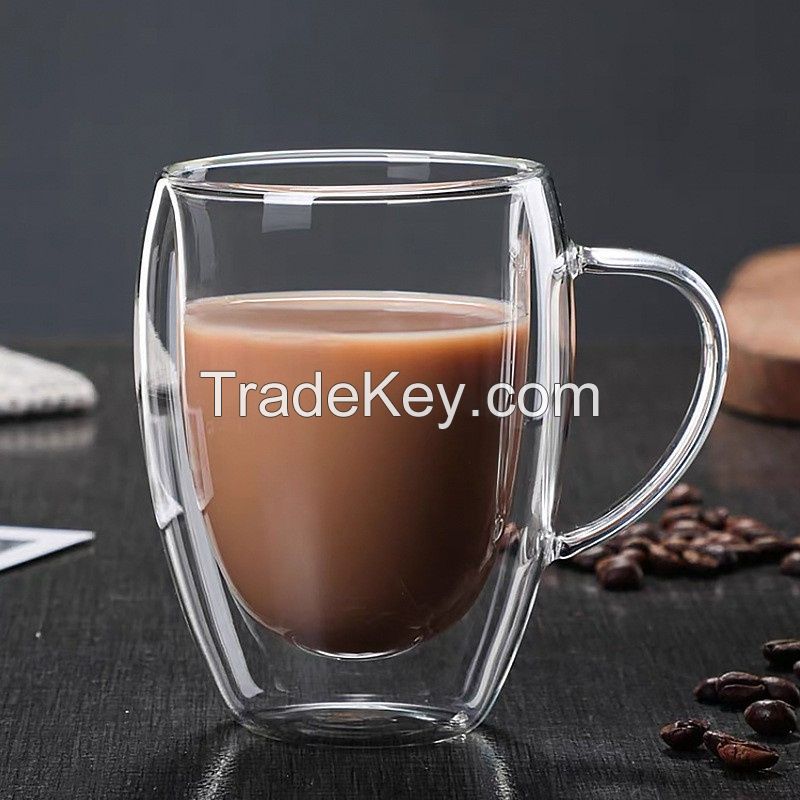 High Borosilicate Double Wall Glass Coffee Cup Mug With Glass Handle