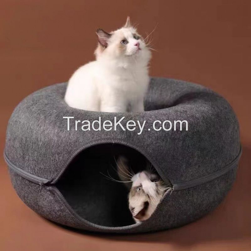 Wholesale Detachable Design Round Felt Cat Cave Donut Bed Pet House With Circle Tunnel
