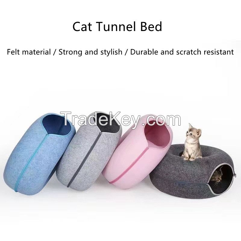 Wholesale Detachable Design Round Felt Cat Cave Donut Bed Pet House With Circle Tunnel