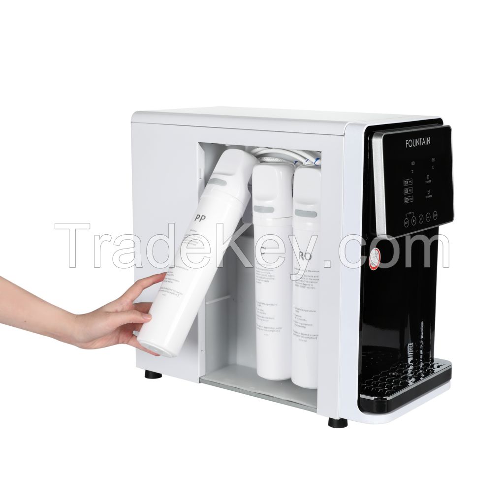 Hot and cold home RO water dispenser, three stage filtration system has UV