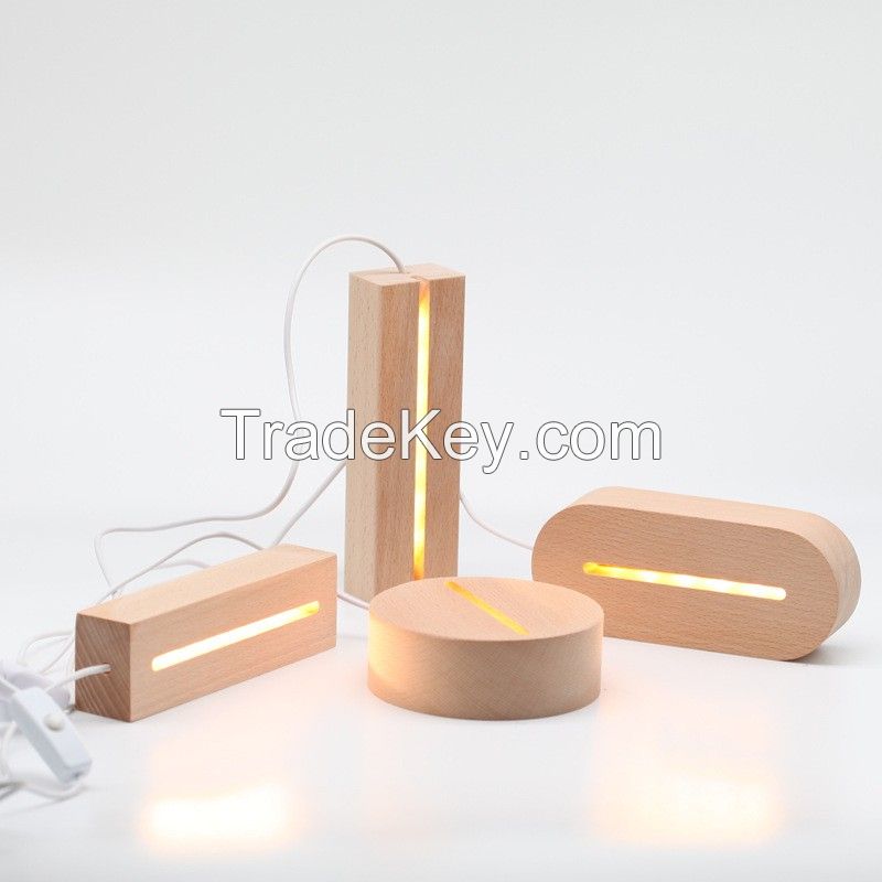 warm light USB Wooden Lamp Base for Led 3D Night Light Round Oval Wooden Led lamp base USB Cable switch Night Light