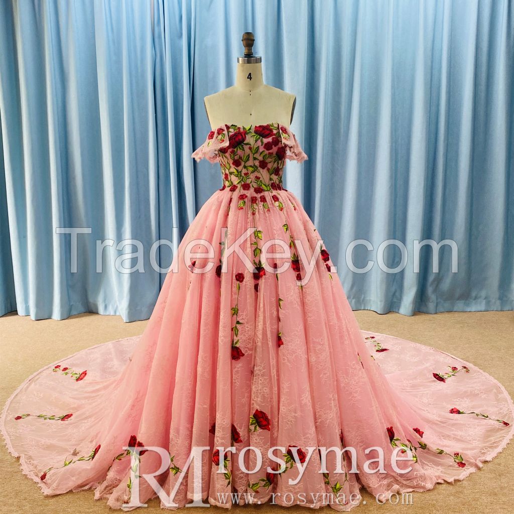 Fashion Off Shoulder Pink Rose Lace Bridal Gown Wedding Dresses