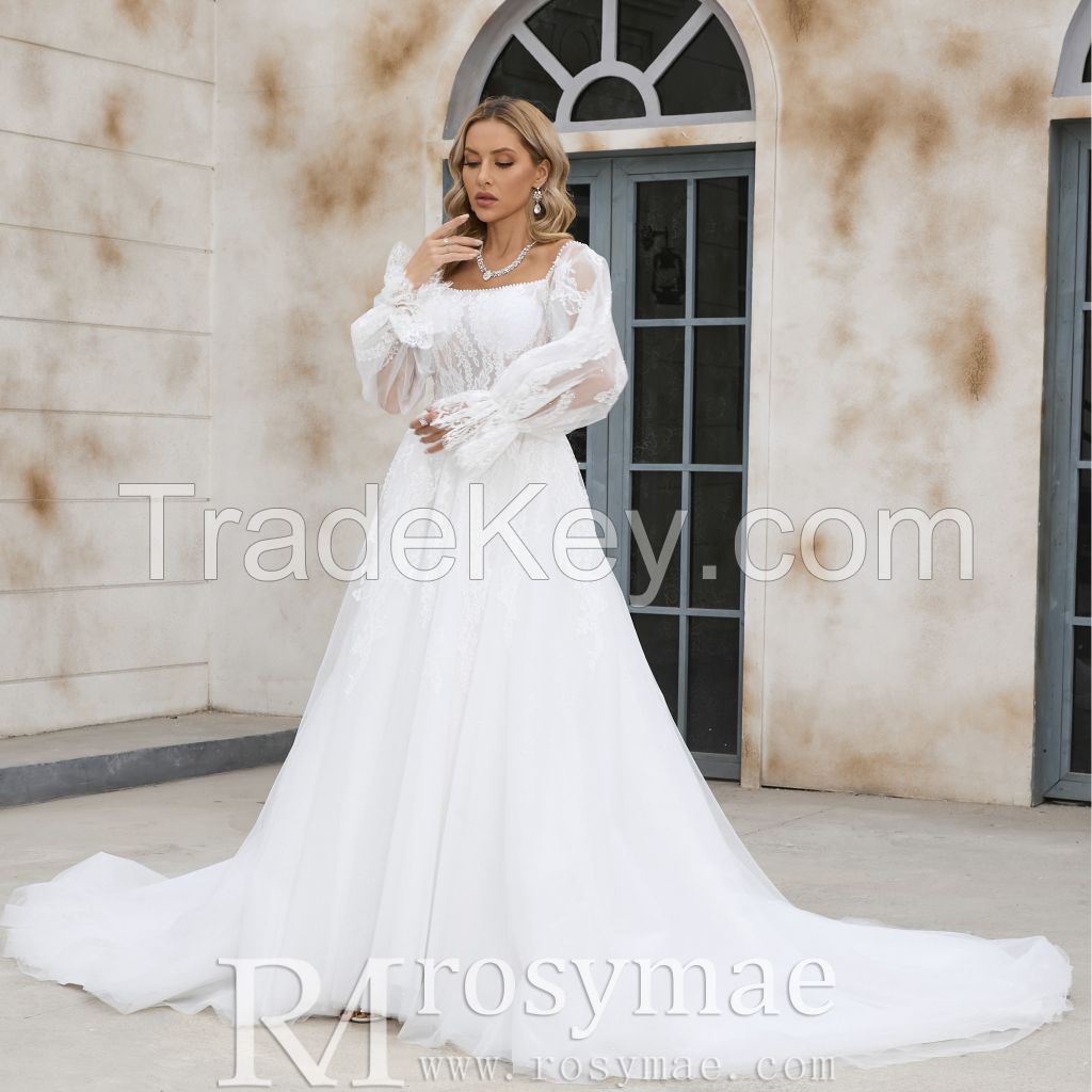 Fashion Long Sleeves High Neck Lace Muslim Bridal Gown Wedding Dresses