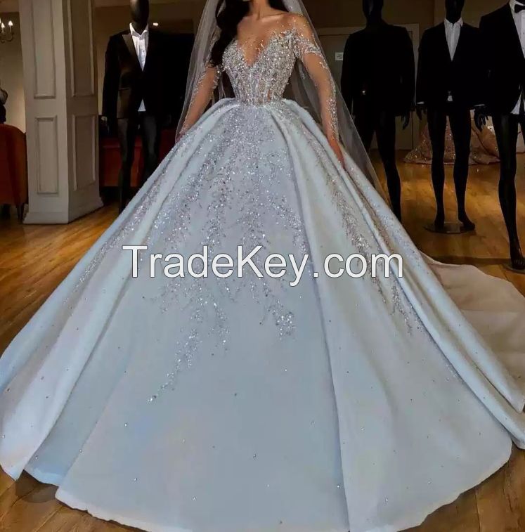 Fashion Long Sleeves v Neck Heavy beaded Bridal Gown Wedding Dresses