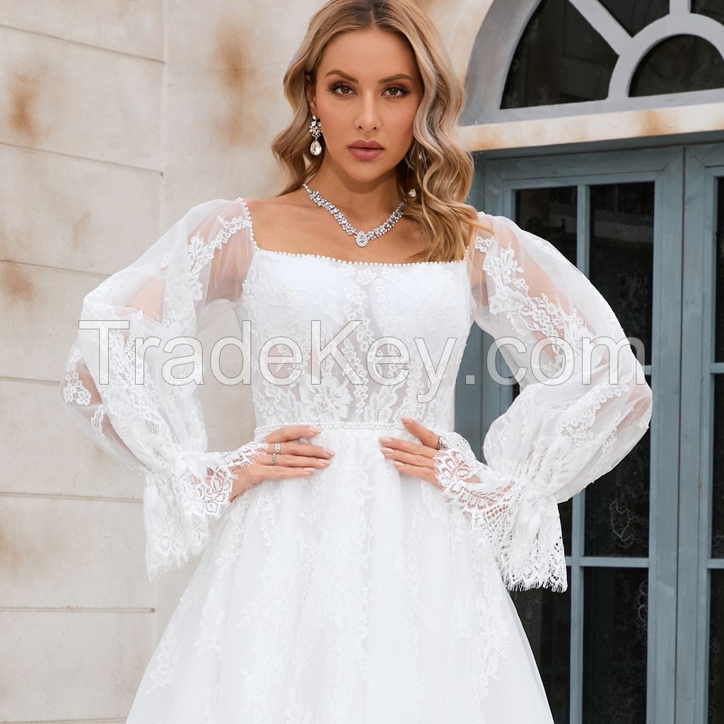 Fashion Long Sleeves High Neck Lace Muslim Bridal Gown Wedding Dresses