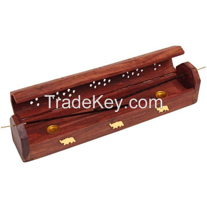 Selling Ananta Handmade Wooden Box Incense & Cone Burner & Holder with Brass Inlay